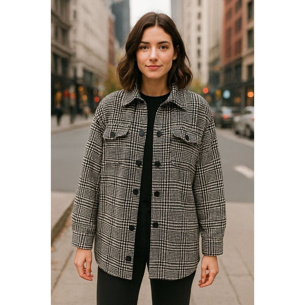 Womens Houndstooth Plaid Shacket Black White Checkered Button Front Retro Glam
